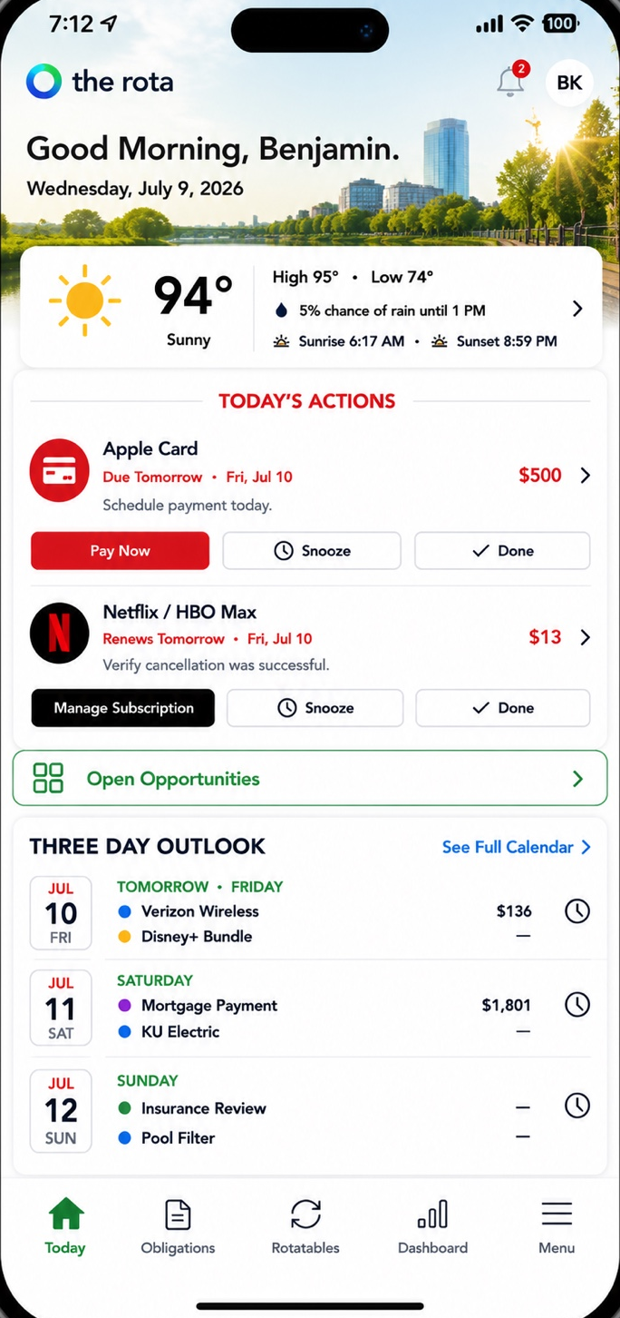 Approved The Rota Today Screen with weather, today's actions, open opportunities, and three day outlook